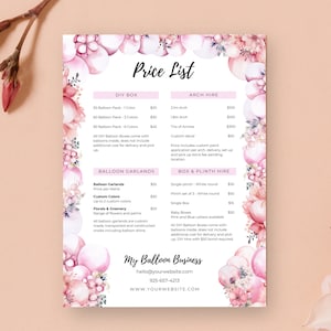 Modelo Canva de lista de preços de negócios de balão, folheto de serviços de balão Blush Pink, folha de preços editável de Canva, folheto de taxas de artista de balão, BB8