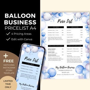 Menu de preços comerciais de balões A4, folha de custos de artistas de balões, lista de preços de decoração de eventos, modelo de tabela de preços, guia de preços para pequenas empresas Canva, BB2