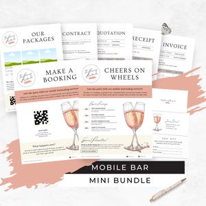 Mobile Bar Business Bundle, Pop-up Cocktail Cart Business Card, Bartending Contract Template, Freelance Bartender Marketing Flyers, RB7