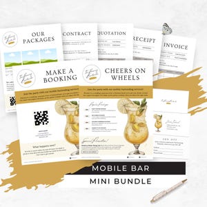 Mobile Bar Business Bundle, Pop-up Cocktail Cart Business Card, Bartending Contract Template, Freelance Bartender Marketing Flyers, RB8