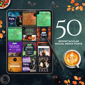 May include: A digital tablet displaying 50 Halloween-themed social media post templates. The templates feature various designs with pumpkins, ghosts, bats, and text such as "Flash Sale", "Trick-or-Treating", and "Halloween Week Special".
