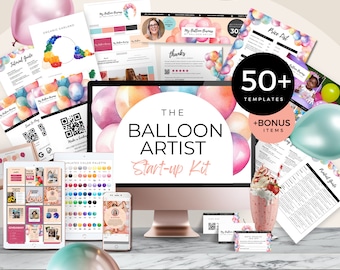 May include: A computer screen displaying the text "The Balloon Artist Start-up Kit" with a watercolor background of colorful balloons. The screen is surrounded by various digital templates and marketing materials, including a price list, a thank you card, and a color palette chart. The image also includes a milkshake, a phone, and a tablet.
