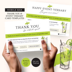 May include: A green and white thank you card with a cocktail illustration. The card says "Thank You" and "Happy Event-Versary One Year Since Cheers!" It's been a year since we had the pleasure of raising a glass with you!"  The card also includes a discount offer: "As a little 'thank you' from us, enjoy 10% off your next booking!"