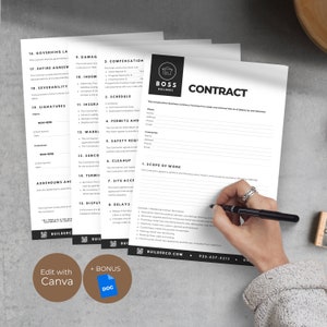 Op de afbeelding: Een stapel witte zakelijke contracten met de tekst "CONTRACT" en "BOSS BUILDERS" in zwart. Een hand met een pen schrijft op het bovenste vel. Linksonder staat de tekst "Edit with Canva" en "+ BONUS DOC".