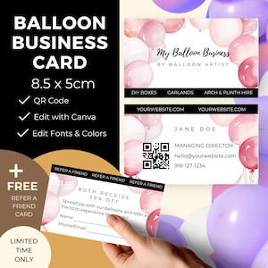 Sjabloon voor ballonnen visitekaartje, ballonartiest branding, visitekaartjes voor ballonbedrijf, ballonboog, evenement visitekaartje 8,5x5cm