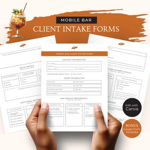 Mobile Bar Business Client Intake Form, Event Information Canva Template, Pop-up Cocktail Cart Google Form, Editable Bartending Sheets, RB2