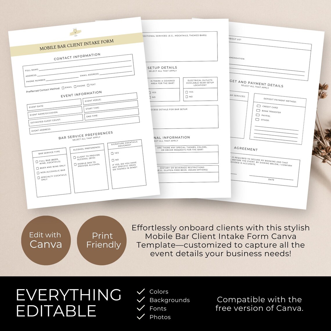 Mobile Bar Business Client Intake Form, Event Information Canva ...