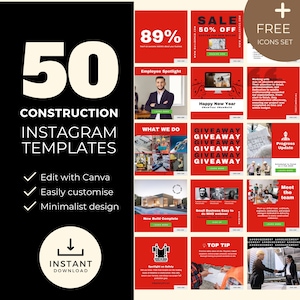 50 Instagram Templates Home Builder, Construction Building Business Social Media Post, Small Business Marketing, Editable Canva Template CB2