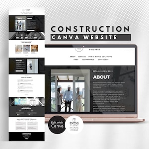 Könnte beinhalten: Ein Laptop, der eine Vorlage für eine Bauwebsite mit einem Schwarz-Weiß-Design anzeigt. Die Website enthält Abschnitte für Dienstleistungen, Über uns und Testimonials. Der Text "CONSTRUCTION CANVA WEBSITE" ist deutlich sichtbar.
