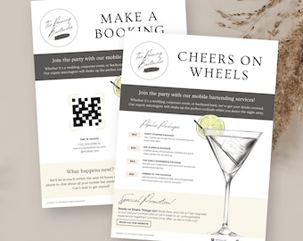 May include: A flyer for a mobile bartending service called "The Feaning Bartender". The flyer features a QR code, a martini glass with a lime wedge, and the text "Cheers on Wheels".