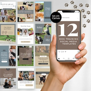 Peut inclure: Un smartphone affiche 12 modèles de médias sociaux pour l'entraînement canin. L'écran présente divers posts avec des photos de chiens et du texte, dont "Giveaway", "We're Growing" et "Meet the Team". Le téléphone est tenu par une personne.
