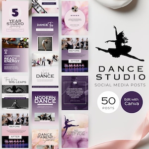 Op de afbeelding: Een verzameling van 12 social media posts voor een dansstudio, met een ballerina silhouet en de woorden "Dance Studio". De berichten hebben een paars en wit kleurenschema en bevatten tekst zoals "Modern Dance" en "No Commitment Just Fun!"