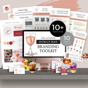 Mobile Bar Business Branding Bundle Toolkit, Cocktail Bartender Business Card, Signature Drinks Menu, Bar Cart Design Logo, Brand Guide, RB7