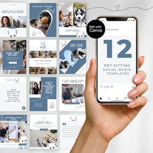 May include: A smartphone screen showcases 12 pet sitting social media templates. The templates feature pet-related graphics and text, including "Pet Sitting Social Media Templates." The phone is held by a person with a light skin tone.