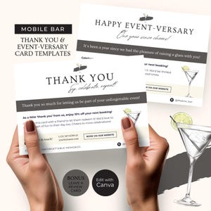 May include: Two thank you cards for a mobile bar business. The cards are white with black text and a gray background. The text on the cards says "Thank You" and "Happy Event-Versary". The cards also feature a martini glass with a lime wedge.