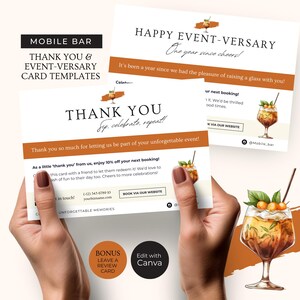 May include: Two thank you cards with a watercolor illustration of a cocktail drink. The text on the card reads "Thank You" and "Happy Event-Versary".