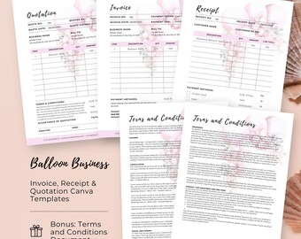 Plantilla de factura de artista de globos, recibo de decoración, cotización de empresa de globos, plantillas de Canva, guirnalda de globos con flores, documento de condiciones, BB8