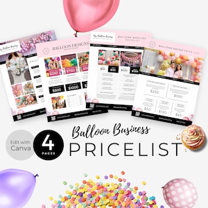 Modèle de feuille de prix d'artiste de ballons, format lettre US, liste de prix de guirlandes de ballons, Canva, liste de prix de décorations d'événement, extras et flyers, BB1