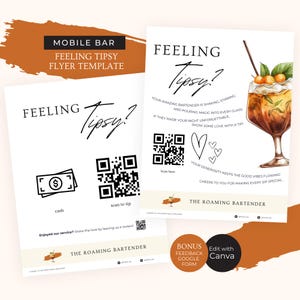Folleto Feeling Tipsy para negocios de bar móvil, carta de EE. UU., diseño de marca tradicional, letrero de propina editable para bar, formulario de comentarios de Google, RB2