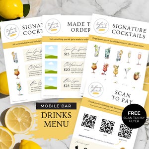May include: A mobile bar drinks menu with a yellow and green colour scheme. The menu features signature cocktails with prices, a section for made-to-order drinks, and a QR code for mobile payment. The text "The Flaming Bartender" is featured on the menu.