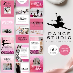 May include: A collection of 50 social media posts for a dance studio, featuring a pink and white color scheme. The posts include images of dancers, text such as "Dance Studio," and phrases like "Join Our Dance Family."