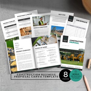 May include: A collection of printed documents for a construction business proposal. The pages include sections for project timelines, investment details, terms and conditions, project overviews, and job estimates. The template includes 8 pages and a bonus job estimate template.