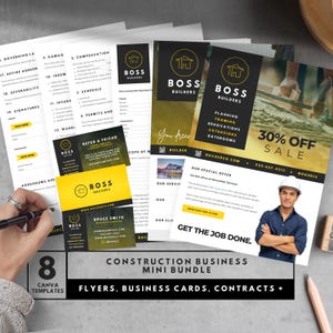 Plantillas de Canva para paquetes de negocios de construcción, folletos de ventas de renovación, tarjeta de presentación de constructor de bricolaje, acuerdo de contratista, hoja de productos, CB1