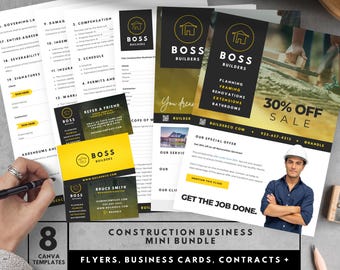 May include: A construction business mini bundle with flyers, business cards, and contracts. The flyers have a black and yellow design with the text "BOSS BUILDERS" and "30% OFF SALE". The business cards have the text "BRUCE SMITH".