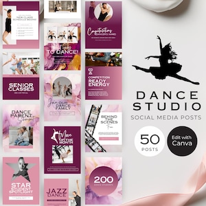May include: A collection of pink and purple social media posts for a dance studio. The posts include text such as "New Class Schedule Begins", "Senior Classes", and "Dance Studio". A black silhouette of a dancer is also featured.