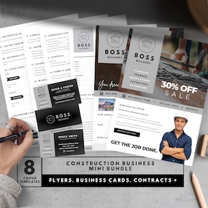 Plantillas de Canva para empresas de construcción, folletos de ventas para renovaciones, tarjeta de presentación para constructores aficionados, contrato de contratista, ficha de producto, CB10