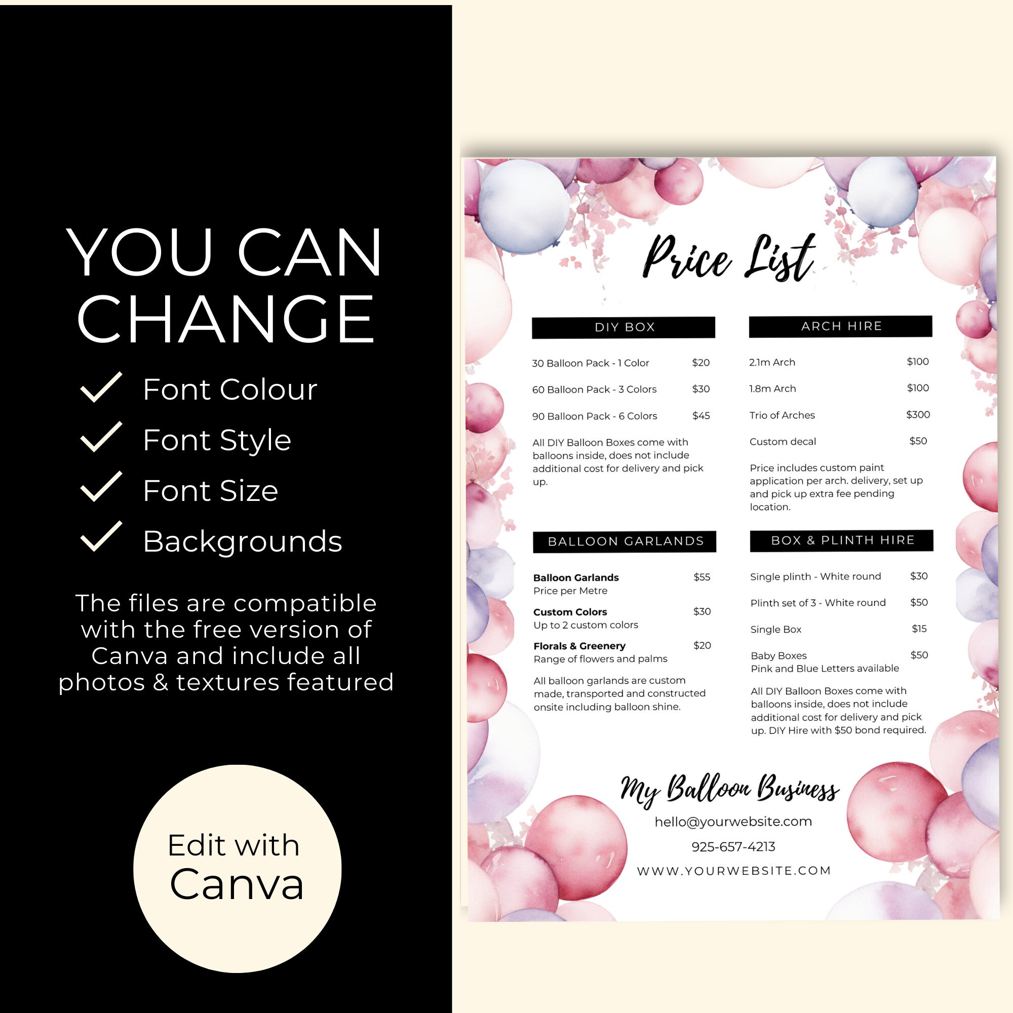 Balloon Business Pricing List A4, Balloon Menu, Balloon Garland Price ...