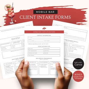 Formularz przyjęcia klienta do mobilnego baru, szablon Canva z informacjami o wydarzeniu, formularz Google Pop-up Cocktail Cart, edytowalne arkusze barmańskie, RB4