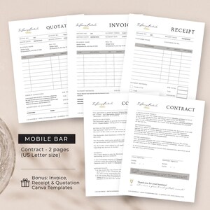 May include: A set of printable templates for a mobile bar business. The templates include a quotation, invoice, receipt, and contract. The templates are designed in a minimalist style with a light gray background and black text.