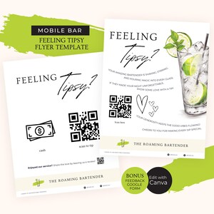 Op de afbeelding: Een flyer-sjabloon voor een mobiele barservice. De flyer is wit met zwarte tekst en afbeeldingen. De tekst luidt "Feeling Tipsy?" en bevat een QR-code voor fooi. De flyer bevat ook een afbeelding van een glas water met limoen en munt.