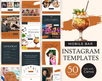 Plantillas de Instagram para bares móviles, publicaciones en redes sociales sobre coctelería, marketing de Facebook DIY, diseños de Canva personalizables, negocio de mixología, RB2