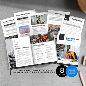 May include: A collection of construction business proposal templates, including project timelines, investment details, and job estimates. The documents feature images of construction workers and building sites. The text reads "Construction Business Proposal Canva Template."