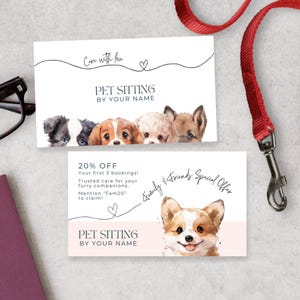 Visitekaartjes voor huisdierenoppas met hart, canvassjabloon voor hondenoppaskaart met honden, puppy preschool-branding, merk kruisingen, PE7