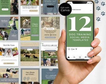 May include: A hand holding a smartphone displaying 12 dog training social media templates. The templates feature images of dogs, text, and a green and white color scheme. The phone also shows the Canva logo.