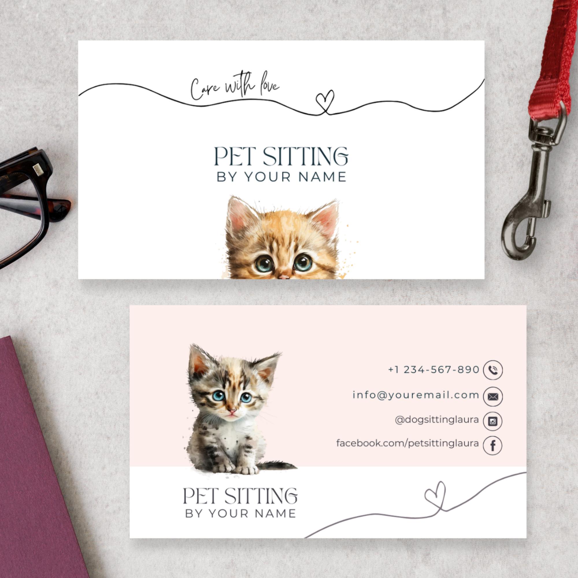 Pet Sitting Business Cards With Heart, Canva Template for Cat Sitter ...