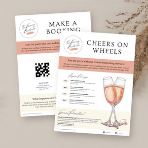 Folleto de negocios de barra móvil Carta de EE. UU., Rosa de marca de flauta de champán, Folleto de bartending, Bartender independiente, Folleto de Canva para empresas, RB7
