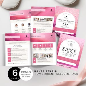 May include: A pink and white welcome pack for a dance studio. The pack includes six pages with information about the studio, class schedule, instructors, and studio etiquette. The cover page features the text "Dance Studio Welcome Pack" and the year "202X - 202X".
