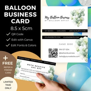Ballon Künstler Visitenkarte 8.5x5cm, Empfehlungskarten Vorlage, Bearbeitbar in Canva, Ballon Business Branding, Event Decor Visitenkarte, BB3