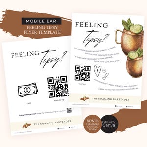 Op de afbeelding: Een flyer-sjabloon voor een mobiele bardienst. De flyer toont een koperen mok met een limoenwig en een QR-code om te scannen voor fooien. De tekst op de flyer luidt "Feeling Tipsy?" en "Uw fantastische barman schudt, roert en giet magie in elk glas. Als hij uw avond onvergetelijk heeft gemaakt, laat uw waardering zien met een fooi!"
