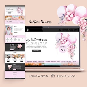 Peut inclure: L'écran d'un ordinateur portable affichant un site web pour une entreprise de ballons appelée "My Balloon Business by Balloon Artist". Le site web présente une palette de couleurs rose et blanche avec des images de ballons et de fleurs. Le texte à l'écran indique "Grab & Go from only 70 €".