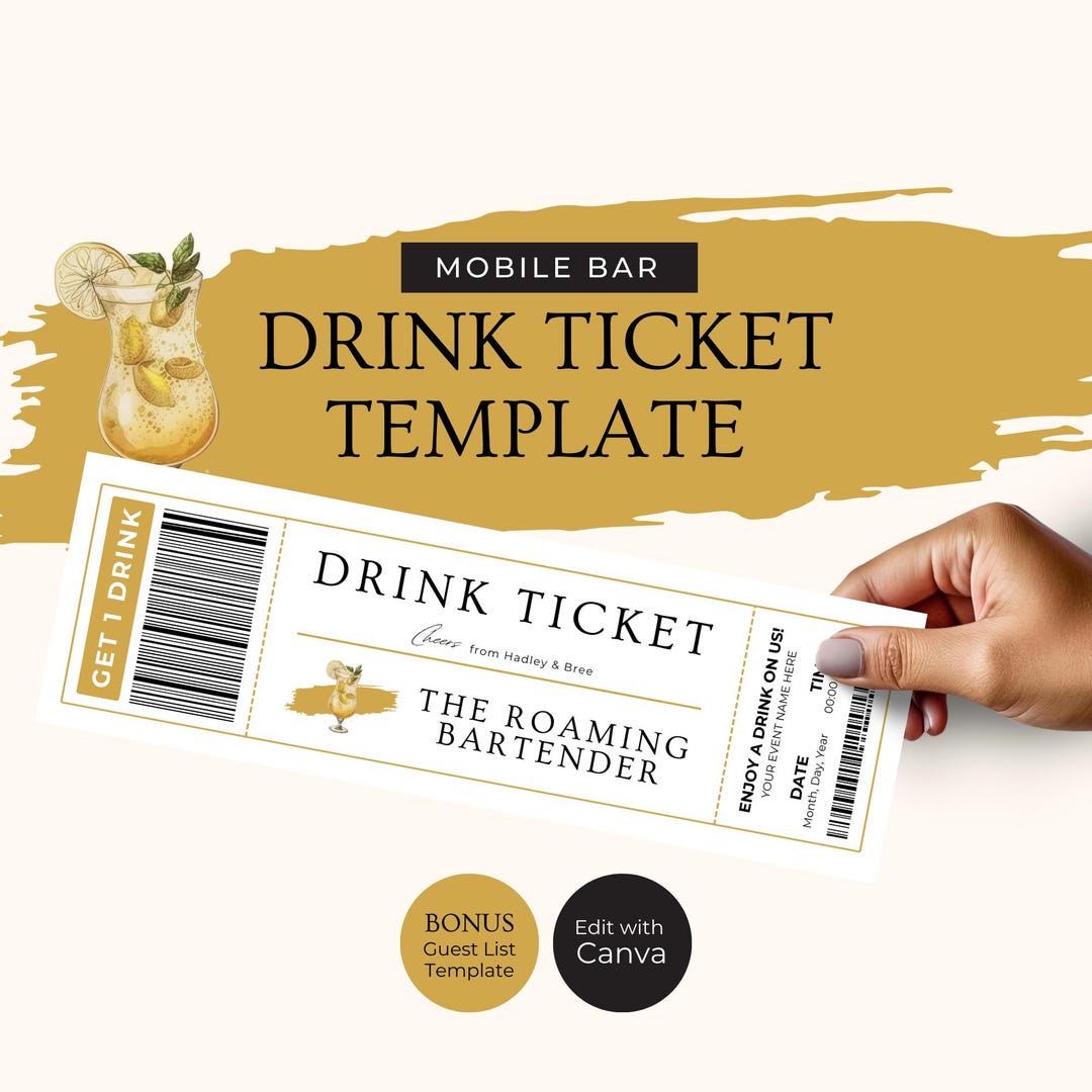 Mobile Bar Drink Ticket Canva Template, Wedding Drinks Token Voucher