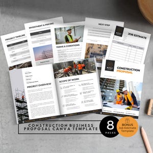 May include: A collection of eight-page construction business proposal templates. The templates include sections for project timelines, investment and pricing, terms and conditions, project overview, scope of work, and job estimates. The design features images of construction workers.