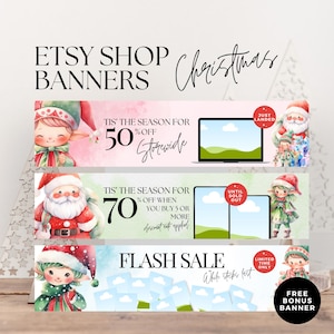 Etsy-butiksbanners jul, skyltar för e-handelsbutiker, redigerbara Canva-mallar, festlig Etsy-varumärkesbyggande, header för jultomten och tomte-rea, CM1