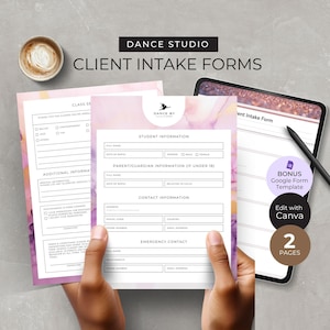 May include: Client intake forms for a dance studio. The forms have a watercolor design with pink and purple hues. The forms include sections for student information, contact information, and emergency contact details. A tablet and a cup of coffee are also in the image.