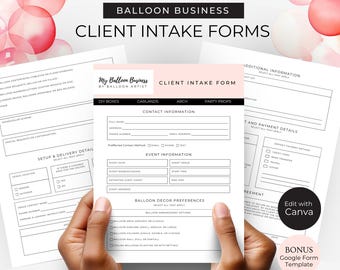Formulario de admisión de clientes para negocios de globos, plantilla de Canva para información de eventos, formulario de Google para consultas sobre decoración con globos, hojas editables para artistas de globos BB6