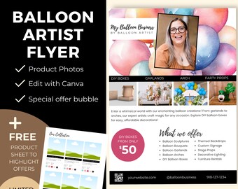 Folleto comercial de globos (carta de EE. UU.), folleto de marketing para artistas con globos, plantillas de Canva, edición en Canva, folleto de servicios para artistas, BB4